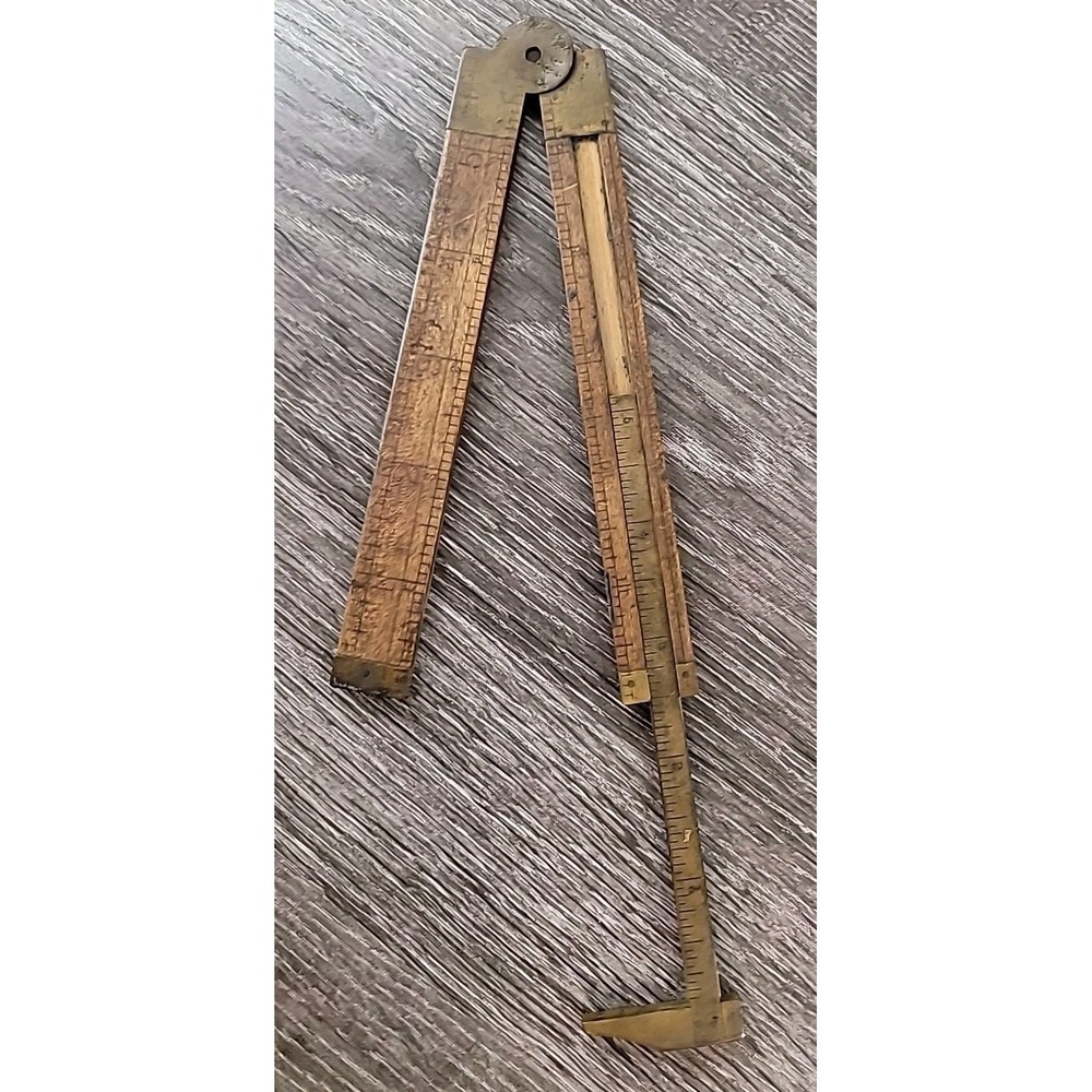 Antique Boxwood & Brass Folding Caliper Rule 12" Vintage Carpenter Pocket‎ Tool